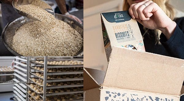 "Collage de trois images : de l'avoine en boucle dans un bol des plateaux remplis de petits morceaux de pâte et une personne tenant une boîte en carton contenant un paquet de biscuits étiqueté Gü d."