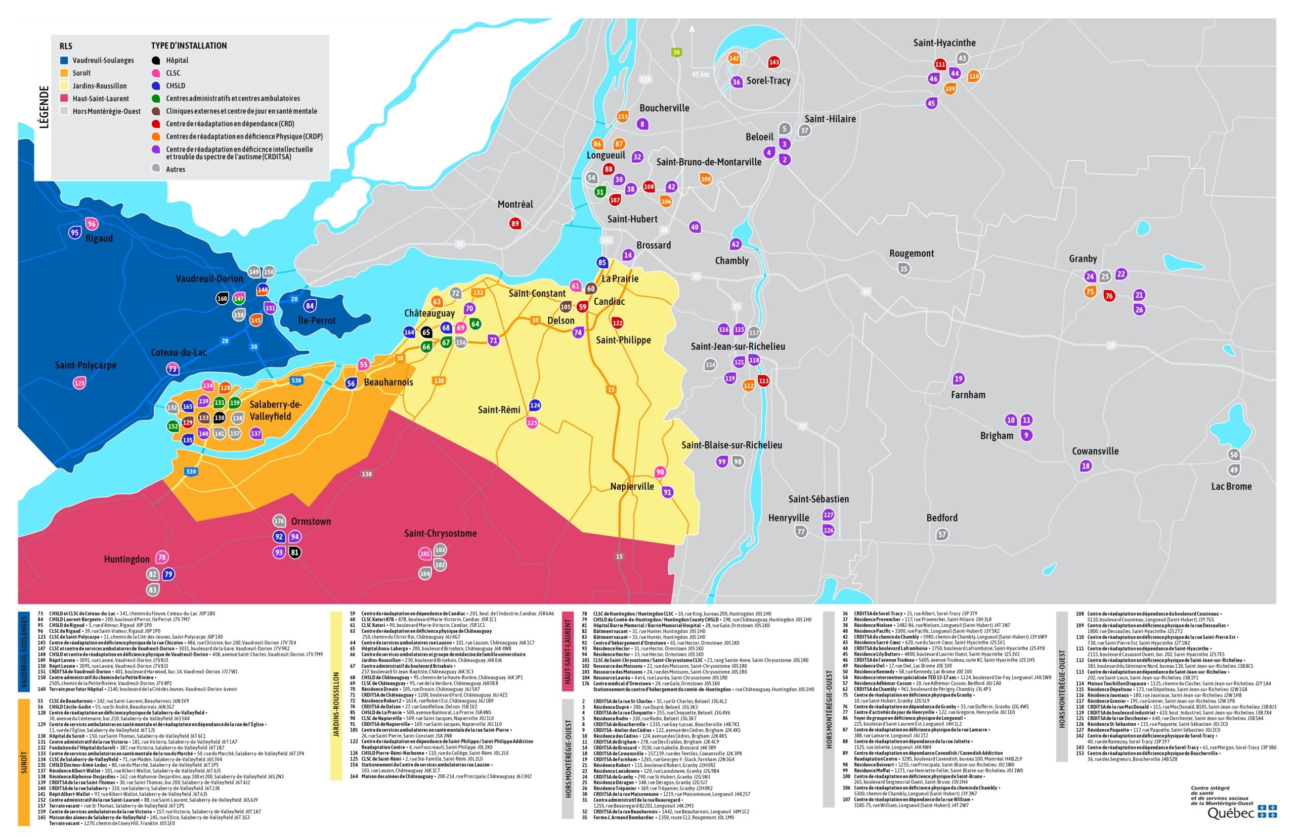 Carte du sud-ouest du Québec montrant des régions dynamiques, chacune mise en évidence par des couleurs distinctes. Des points marqués indiquent les principales installations du CISSSMO et d'autres organisations. La carte est accompagnée d'une légende détaillée au bas de la carte, qui précise les installations et les services disponibles dans la région.