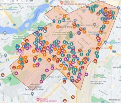 Une carte de la ville de Montréal avec une délimitation orange et des pastilles apposées un peu partout sur la carte.