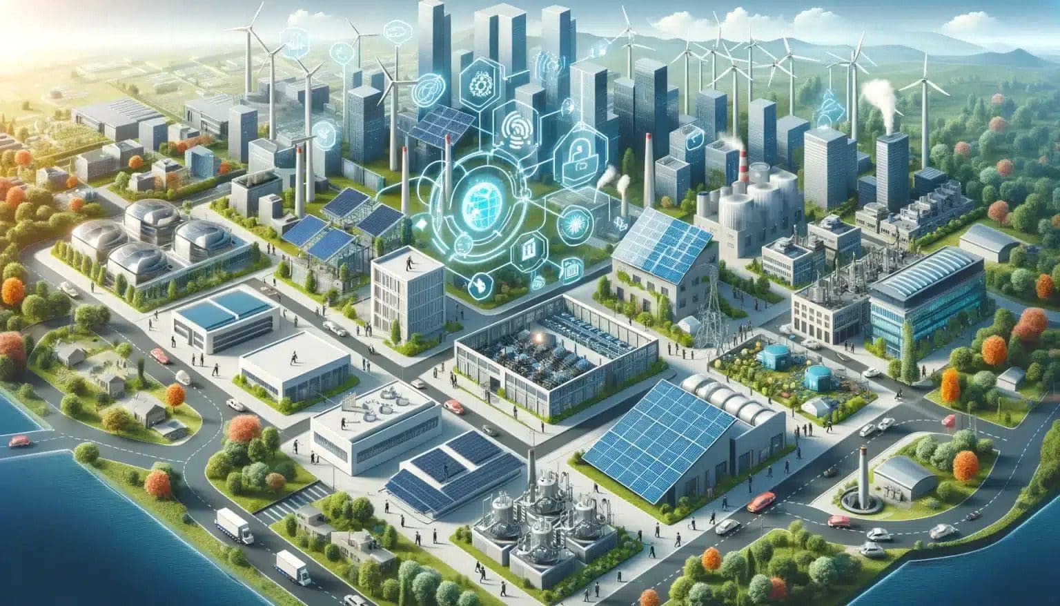 Un paysage urbain futuriste avec des gratte-ciel et des éoliennes (crédit excellence industrielle). Les bâtiments sont surmontés de panneaux solaires. Des icônes numériques flottantes représentent la technologie et la connectivité, sur fond d'arbres, de routes et de petits véhicules.