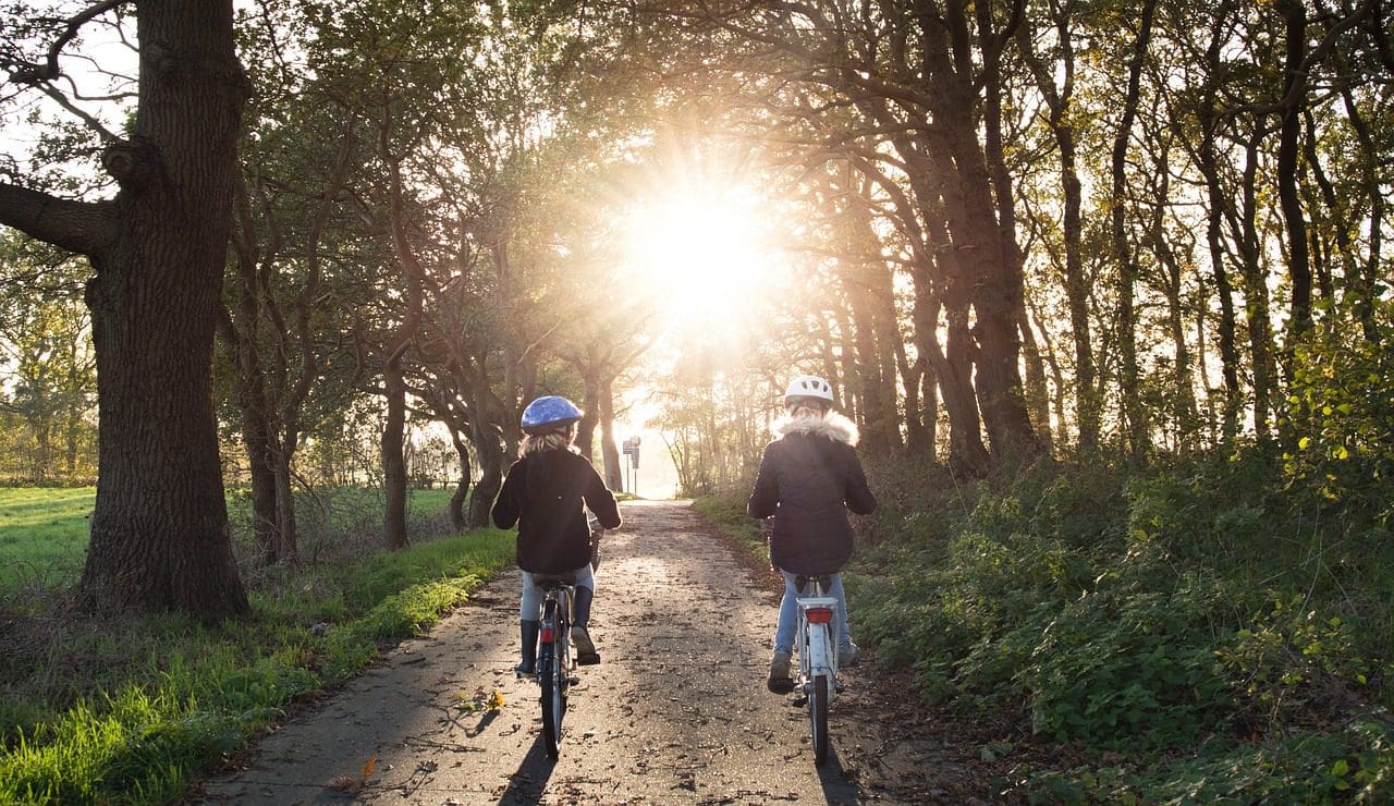 Deux personnes portant des casques roulent à vélo sur un chemin bordé d'arbres. La lumière du soleil filtre à travers les arbres, jetant une lueur chaude sur la scène. Le chemin est bordé d'herbe et d'arbustes.